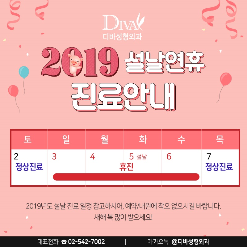 공지) 디바성형외과 2019년 설날 연휴 휴진 안내 이미지