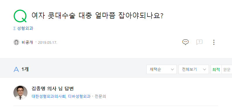 여자 콧대수술 대충 얼마쯤 잡아야되나요? 네이버 지식인 상담 원문